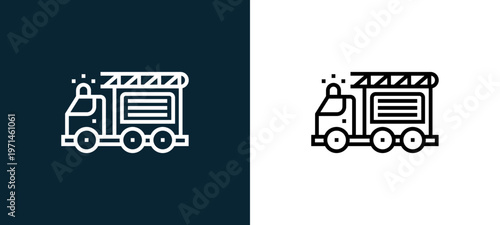 Two-color fire truck outline icon pair in black and white, editable stroke vector illustration for web, mobile apps, UI design, branding, and print from emergency