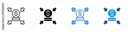 Fund Centralization Multiple Style Icon Design Vector - Coin with inward arrows representing fund consolidation, capital aggregation, and centralized financial control