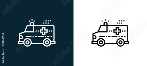 Two-color ambulance outline icon pair in black and white, editable stroke vector illustration for web, mobile apps, UI design, branding, and print from emergency