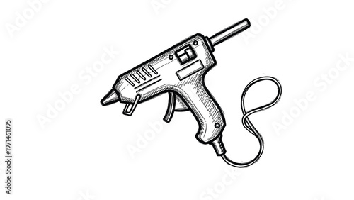 Detailed black and white engraving style illustration of a hot glue gun tool used for various crafts and repairs.