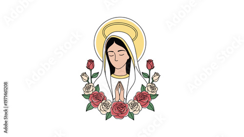 Religious illustration of Virgin Mary shows her in prayer with a golden halo and surrounded by a wreath of pink and white roses.