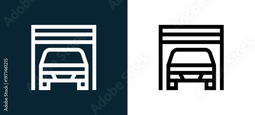 Two-color garage outline icon pair in black and white, editable stroke vector illustration for web, mobile apps, UI design, branding, and print from home automation