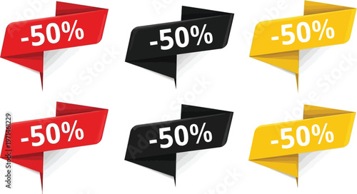 Vector illustration graphic set of fifty percent off discount sale labels with various colors and modern design elements.