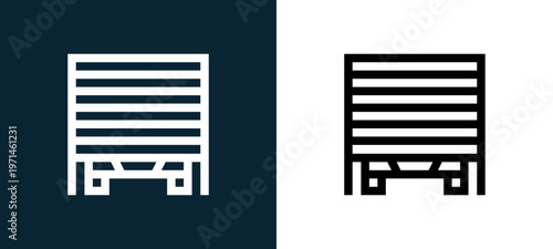 Two-color garage outline icon pair in black and white, editable stroke vector illustration for web, mobile apps, UI design, branding, and print from home automation