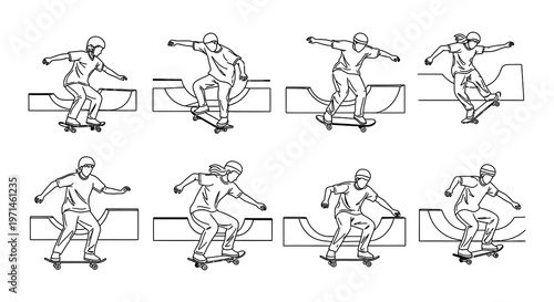 Skateboarders performing tricks on various ramps in a linear style