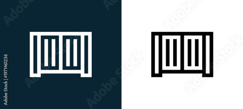 Two-color gate outline icon pair in black and white, editable stroke vector illustration for web, mobile apps, UI design, branding, and print from home automation