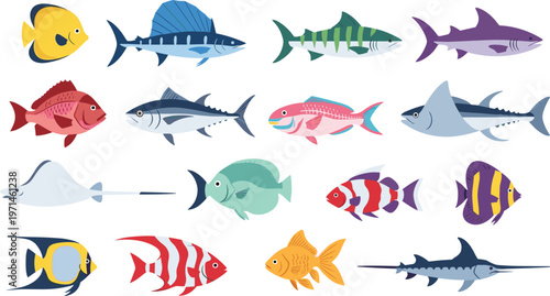 Tropical Fish Collection Vector Illustration Set Featuring Colorful Ocean Fish Species Including Shark Ray Angelfish and Exotic Aquarium Fish for Marine Design Projects
