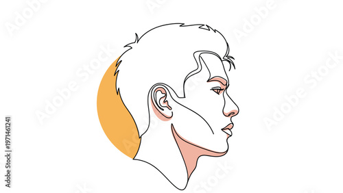 Minimalist line art profile of a man's face is highlighted with an abstract yellow circle against a white background.