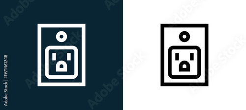 Two-color socket outline icon pair in black and white, editable stroke vector illustration for web, mobile apps, UI design, branding, and print from home automation