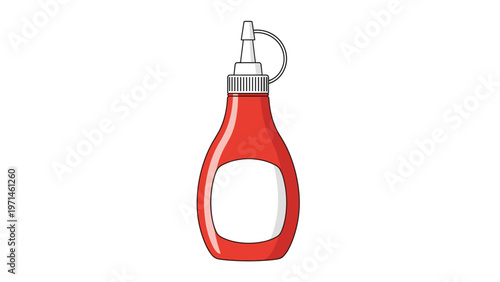 Red squeeze bottle for ketchup or condiment is shown with a white label and a plastic cap on a plain white background.