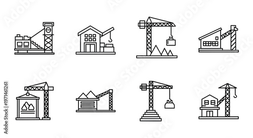 Construction equipment and infrastructure icons in a linear style