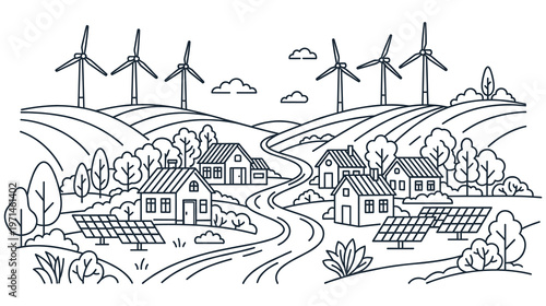 Eco friendly village with solar panels and wind turbines.