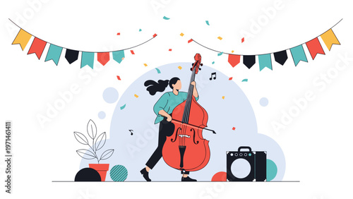 Musician plays a large red double bass on a stage decorated with colorful flags and falling confetti during a performance.