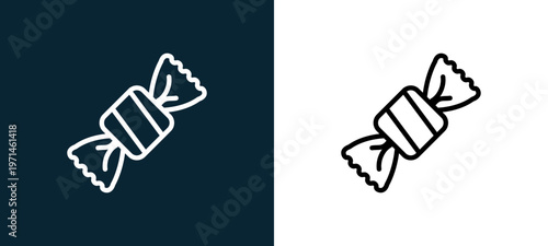 Two-color toffee outline icon pair in black and white, editable stroke vector illustration for web, mobile apps, UI design, branding, and print from gastronomy