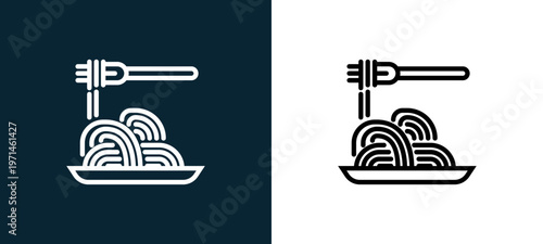 Two-color spaguetti outline icon pair in black and white, editable stroke vector illustration for web, mobile apps, UI design, branding, and print from gastronomy
