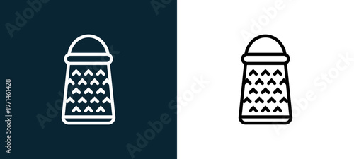 Two-color grater outline icon pair in black and white, editable stroke vector illustration for web, mobile apps, UI design, branding, and print from gastronomy