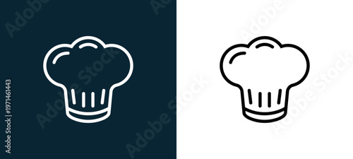 Two-color chef outline icon pair in black and white, editable stroke vector illustration for web, mobile apps, UI design, branding, and print from gastronomy
