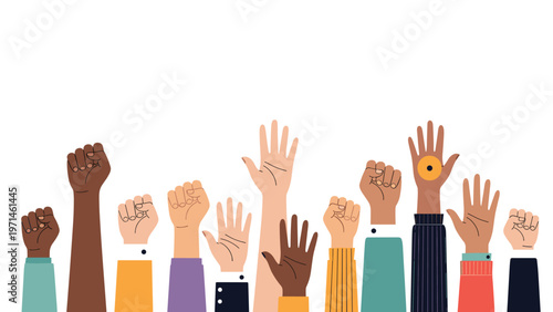 Crowd of diverse hands and fists is raised high in the air to represent solidarity, protest, and social activism.
