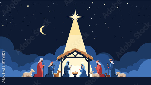 Traditional nativity scene depicts Mary, Joseph, and the three wise men visiting baby Jesus in a manger under a bright star.