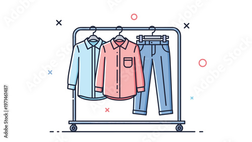 Metal clothes rack displays two collared shirts and a pair of jeans hanging neatly with decorative abstract icons around.