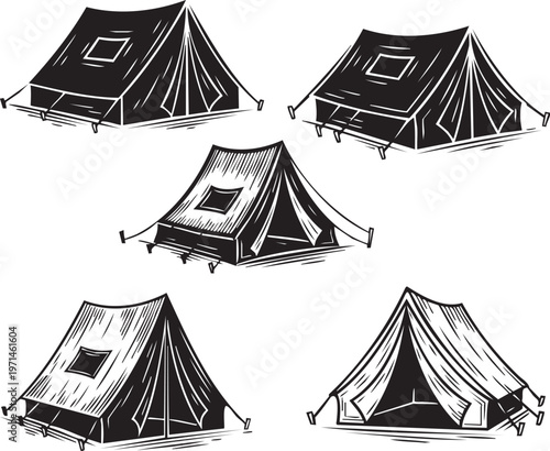 A set of five different tent designs are shown