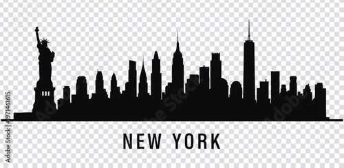 Vector illustration black silhouette of new york city skyline with statue of liberty