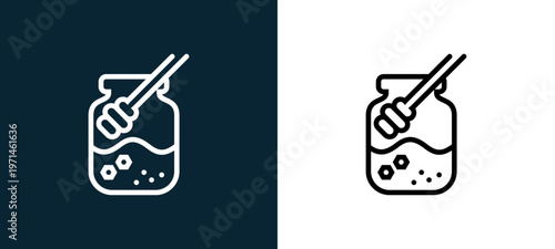 Two-color honey outline icon pair in black and white, editable stroke vector illustration for web, mobile apps, UI design, branding, and print from gastronomy