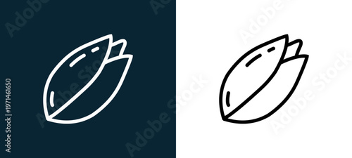 Two-color pistachio outline icon pair in black and white, editable stroke vector illustration for web, mobile apps, UI design, branding, and print from gastronomy