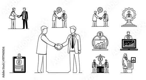 Business deals teamwork and growth represented by monochromatic icons