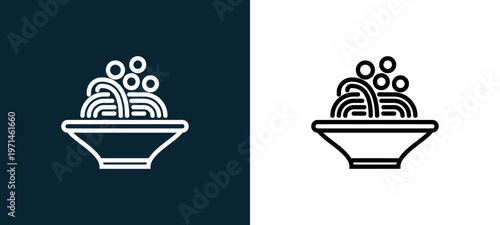 Two-color pasta outline icon pair in black and white, editable stroke vector illustration for web, mobile apps, UI design, branding, and print from gastronomy