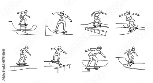 Skateboarders performing tricks on various ramps in a linear style