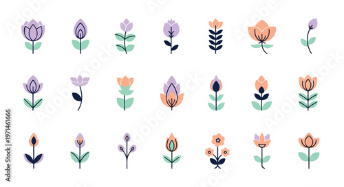 Collection of stylized flat design floral elements in pastel colors, perfect for graphic design and decoration