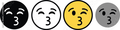 Blowing Kiss Emoji vector illustration collection with diverse styles including outline, black, yellow, and winking grey graphic icons for modern communication.