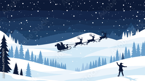 Santa Claus riding on a sleigh with reindeer through a beautiful snowy night landscape with pine trees and a star.