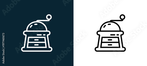 Two-color grinder outline icon pair in black and white, editable stroke vector illustration for web, mobile apps, UI design, branding, and print from gastronomy