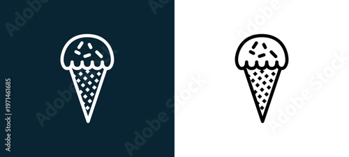 Two-color ice cream outline icon pair in black and white, editable stroke vector illustration for web, mobile apps, UI design, branding, and print from gastronomy