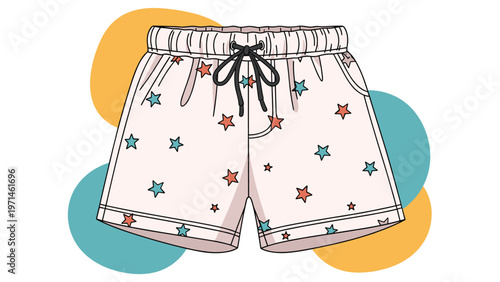Pair of children's swim shorts featuring a colorful star pattern on a background with abstract circles for summer fashion.