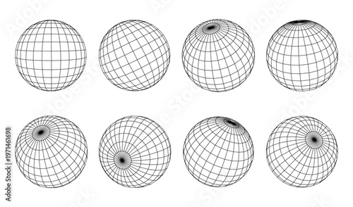 3d geometric circle sphere wireframe set for abstract digital and background shape concept. Round black lines for design element and network technology ball idea. 3d modern dot science art.