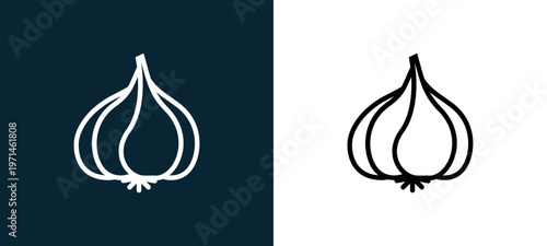 Two-color garlic outline icon pair in black and white, editable stroke vector illustration for web, mobile apps, UI design, branding, and print from gastronomy