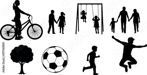 Silhouettes of children playing soccer illustration of people and sport action game vector scene