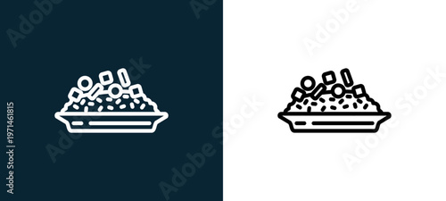 Two-color risotto outline icon pair in black and white, editable stroke vector illustration for web, mobile apps, UI design, branding, and print from gastronomy