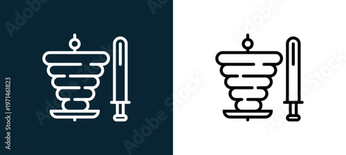 Two-color kebab outline icon pair in black and white, editable stroke vector illustration for web, mobile apps, UI design, branding, and print from gastronomy