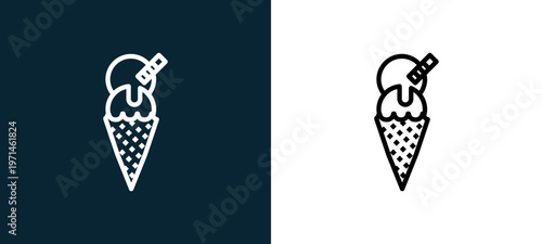 Two-color ice cream outline icon pair in black and white, editable stroke vector illustration for web, mobile apps, UI design, branding, and print from gastronomy