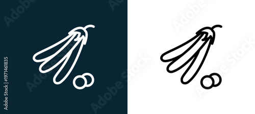 Two-color peas outline icon pair in black and white, editable stroke vector illustration for web, mobile apps, UI design, branding, and print from gastronomy