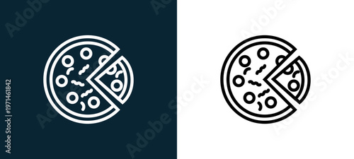 Two-color pizza outline icon pair in black and white, editable stroke vector illustration for web, mobile apps, UI design, branding, and print from gastronomy