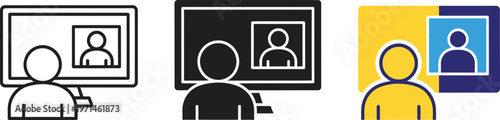 Video conference vector illustration graphic design showcasing a person participating in online virtual meeting via computer monitor screen icon