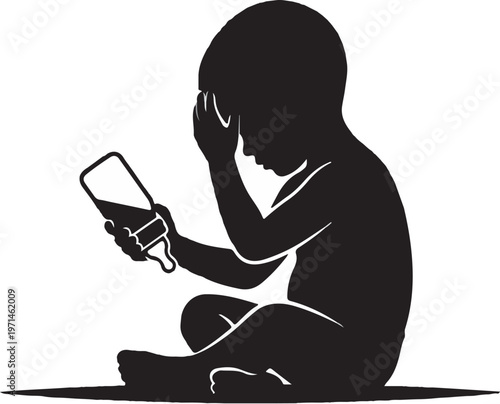 Sad silhouette of a hungry toddler sitting on floor holding an empty milk bottle upside down, conceptual image of poverty and malnutrition.