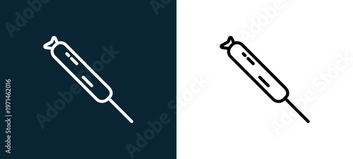 Two-color corndog outline icon pair in black and white, editable stroke vector illustration for web, mobile apps, UI design, branding, and print from gastronomy