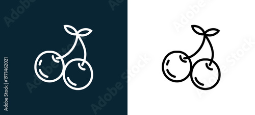 Two-color cherries outline icon pair in black and white, editable stroke vector illustration for web, mobile apps, UI design, branding, and print from gastronomy