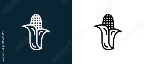 Two-color corn outline icon pair in black and white, editable stroke vector illustration for web, mobile apps, UI design, branding, and print from gastronomy